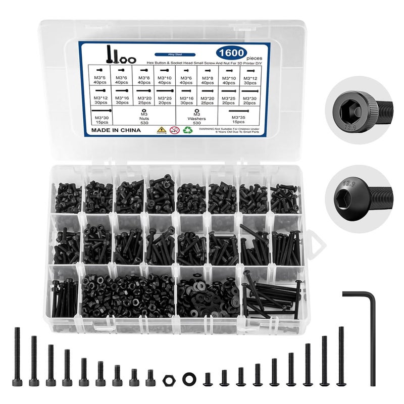 Takytao 1600 Pcs M3 Screw Kit, M3 Button Head and Socket Head Screws, Metric Machine Screw Assortment, 12.9 Grade Alloy Steel, Black Zinc Plated - Image 1